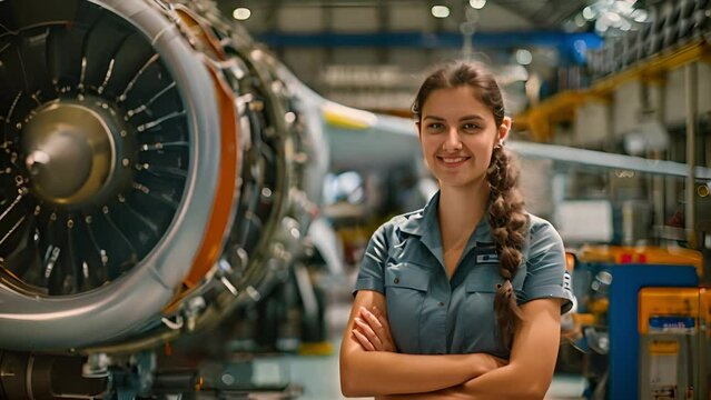 Female avionics technician intern stands smiling looking at camera in airplane repair factory