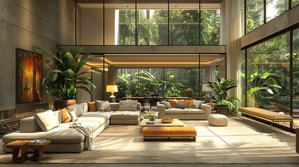 Fototapeta premium A spacious, contemporary living area with an open floor plan, stylish furniture, and large windows, illustrated in a detailed 3D style.