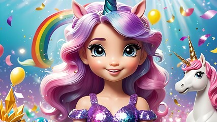 'mermaid birthday Rainbow unicorn background glitter color pony little confetti party princess girl fun invite glistering col