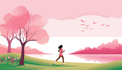 Woman running in the park. Vector illustration of a girl jogging in the park.