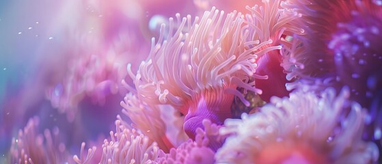 A close-up of a pink and purple sea anemone, capturing the delicate and vibrant tentacles in an underwater coral reef.