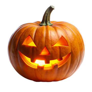 Halloween pumpkin lantern with carved face and glowing eyes, isolated on white transparent background, png element