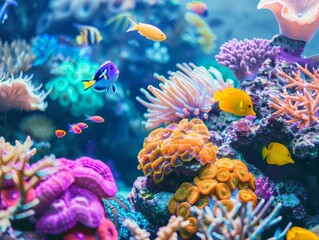 A vibrant coral reef teeming with colorful tropical fish and diverse marine life, showcasing underwater beauty and biodiversity.