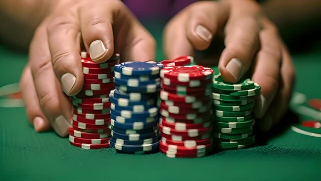 
A man holds a stack of poker chips at a casino table, depicting a poker game