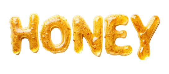 Honey Text made from Dripping Honey Syrup Isolated on White Transparent Background, PNG Element