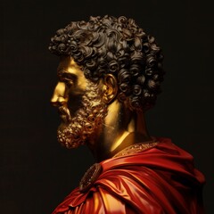 A statue depicting a man with curly hair and a beard standing stoically