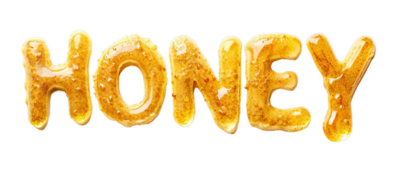 Honey Text made from Dripping Honey Syrup Isolated on White Transparent Background, PNG Element