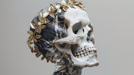 A stoic skeleton wearing a crown on its head