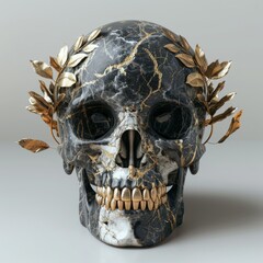A skull with intricate gold leaves placed on its head, creating a striking and stoic appearance