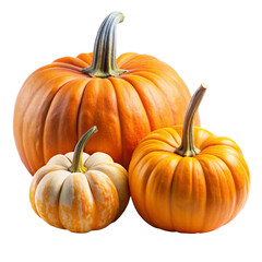 Fototapeta premium Isolated Fresh Beautiful Pumpkins Trio on White Transparent Background, PNG Element. For Halloween and Thanksgiving decoration