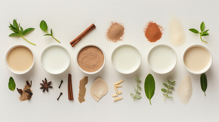  flat lay of various types of milk, spices and herbs on a white background
