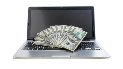 Modern Laptop with Spread Dollar Bills, isolated on white transparent background, png element