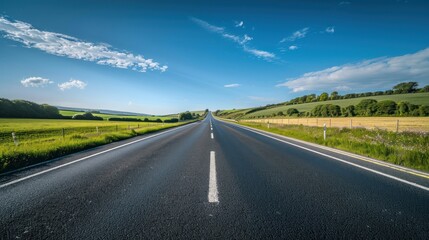 Fototapeta premium long highway cutting through idyllic rural countryside landscape, serene road trip driving nature surroundings