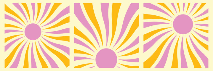 Groovy retro abstract sun backgrounds. Organic doodle shapes in trendy na&iuml;ve hippie style. Contemporary poster print banner template. Vertical Wavy vector illustration.