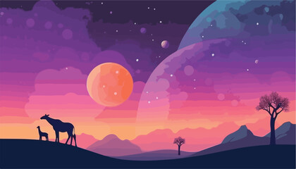Fototapeta premium Night landscape with giraffe, moon and stars. Vector illustration.