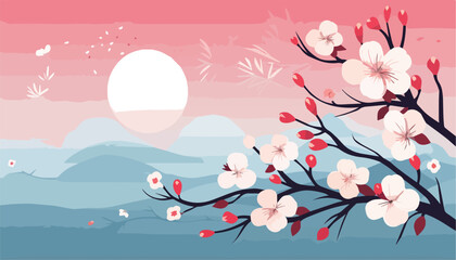 Beautiful cherry blossom season background. Vector illustration in flat style