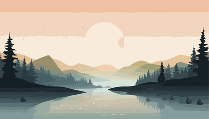 Obraz premium Landscape with river, forest, mountains and sunset. Vector illustration