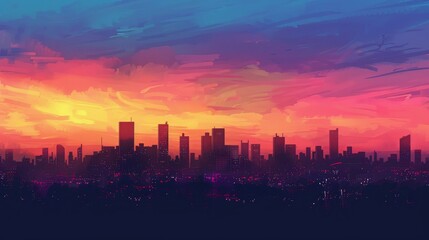 Fototapeta premium Stunning views of the city skyline in the distance. The silhouette contrasts with the colorful sunset.