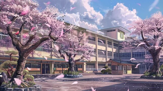 View of the Japanese school garden with cherry trees. cartoon or anime style. 4k painting animation video background that runs smoothly and loops
