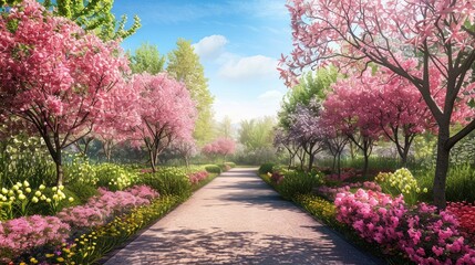 Spring Garden with Beautiful Blooming Trees Landscape