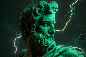 A statue of a man with a green hair and beard, portraying a stoic expression