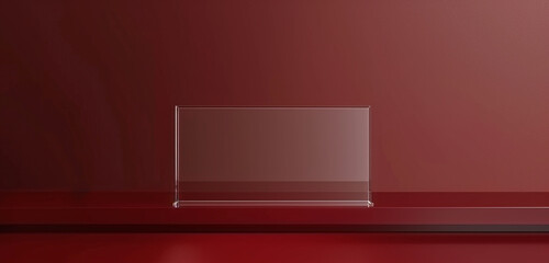 Rectangular plexiglass banner holder on a deep red wall, transparent background, realistic 3D vector mockup