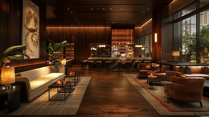 An empty, stylish lounge with comfortable seating, a sleek bar, and modern decor, depicted in a detailed 3D illustration.