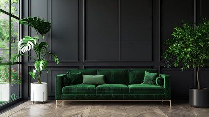 a striking charcoal gray accent wall serving as a backdrop to a luxurious emerald green velvet sofa