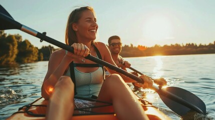 A woman and man are kayaking on a lake, smiling and enjoying the activity