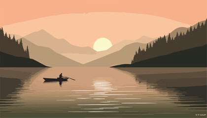 Fototapeta premium Illustration of a man rowing a boat on a lake at sunset