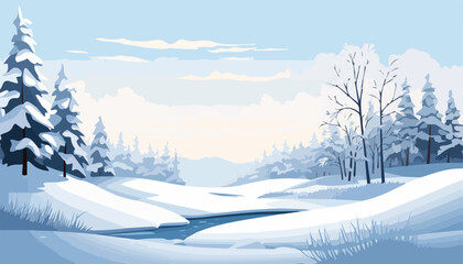 Winter landscape with snow-covered forest and river. Vector illustration.