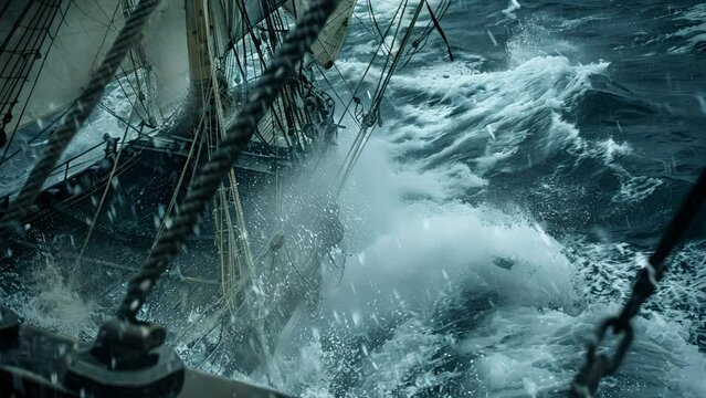 Rough sea from ship&rsquo;s deck, waves crashing, dramatic ocean scene
