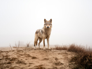 Fototapeta premium Wolf Standing In An Ancient, Foggy Battlefield