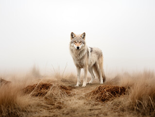Fototapeta premium Wolf Standing In An Ancient, Foggy Battlefield