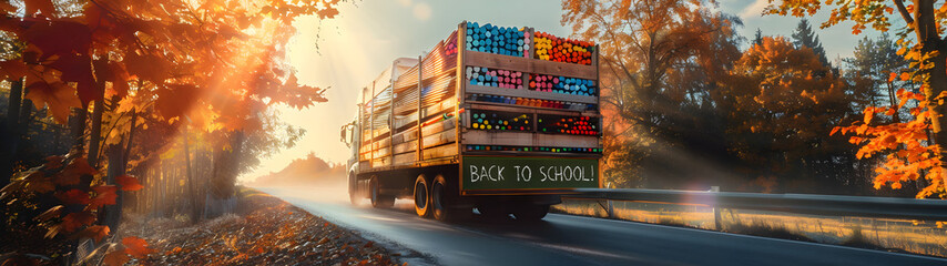 Cargo truck full of colorful crayons on the road in the autumn countryside and sunset in the background. Back to School, Cargo and shipping concept. - Powered by Adobe