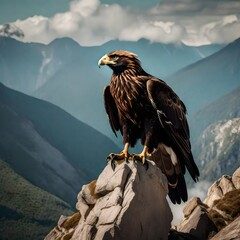 Fototapeta premium Describe the majestic scene of a brown eagle perched on the highest point of a rugged mountain peak.\