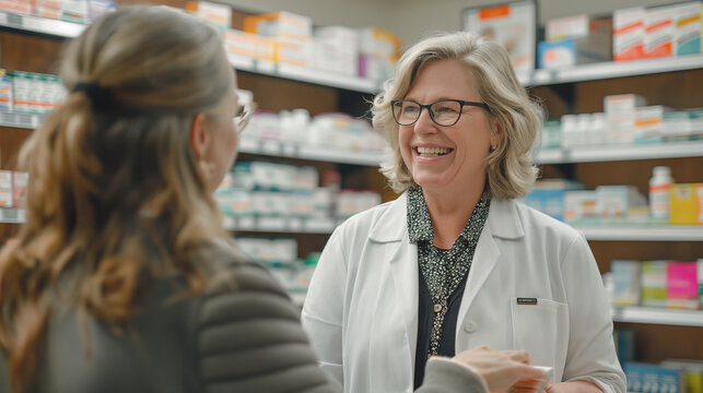 Woman consulting pharmacist in pharmacy office