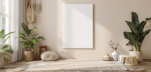 Blank white wall mockup in gallery with sand beige decor, modern gallery concept,
