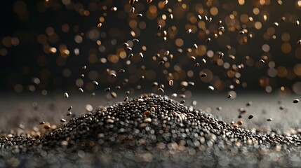 falling chia seeds, captured in a macro shot, beautifully centered with a plain backdrop.