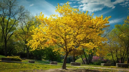 Fototapeta premium A tree bearing yellow blossoms stands prominently in the front its blooms vibrant and surrounded by additional trees in the vicinity