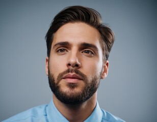 Obraz premium A man with a beard and a blue shirt is looking at the camera