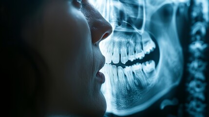 Dentist examining digital x-ray of patients jaw for treatment using ai technology
