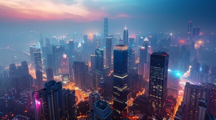 Fototapeta premium City skyline at sunset with illuminated skyscrapers