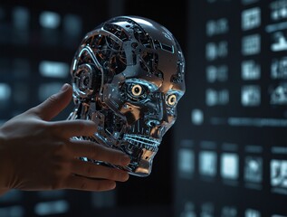 A close-up shot of a futuristic holographic display showcasing advanced robotics, artificial intelligence, and virtual reality