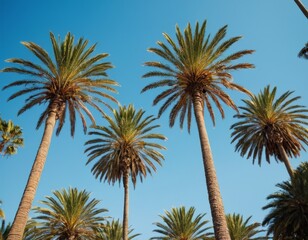 A row of palm trees are in the sky with a blue sky in the background