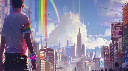 A bustling city scene with a person wearing a rainbow wristband, and a distant rainbow flag subtly blending into the cityscape