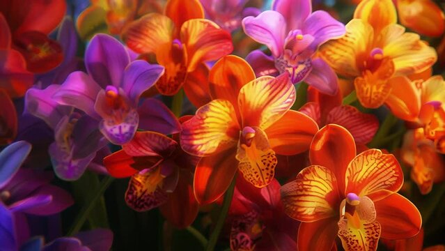 A showcase of vibrant and lively orchids each one bursting with its own unique and vivid color palette.