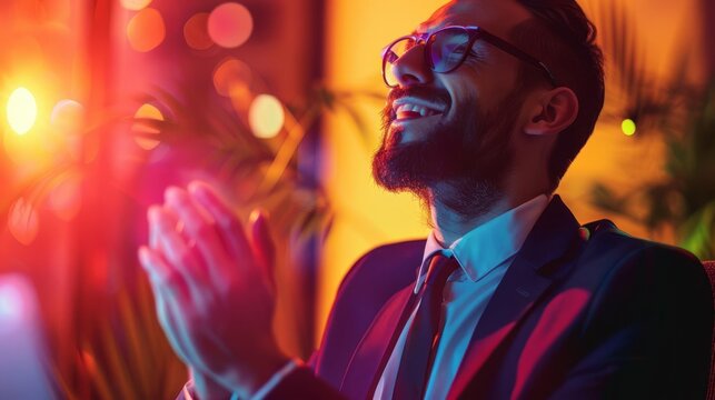 Cheerful businessman receiving applause in a modern office, Futuristic, High contrast, surreal theme, UHD