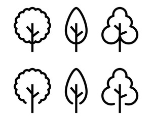 Set of vector illustrations of trees in various simple black and white designs. Editable stroke.