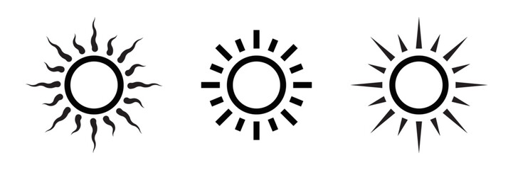 Vector illustrations of sun icons in different black and white designs. Editable stroke.
